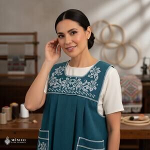 Traditional Mexican Cross-Stitch Embroidered Apron – Deluxe Artisan Smock Style
